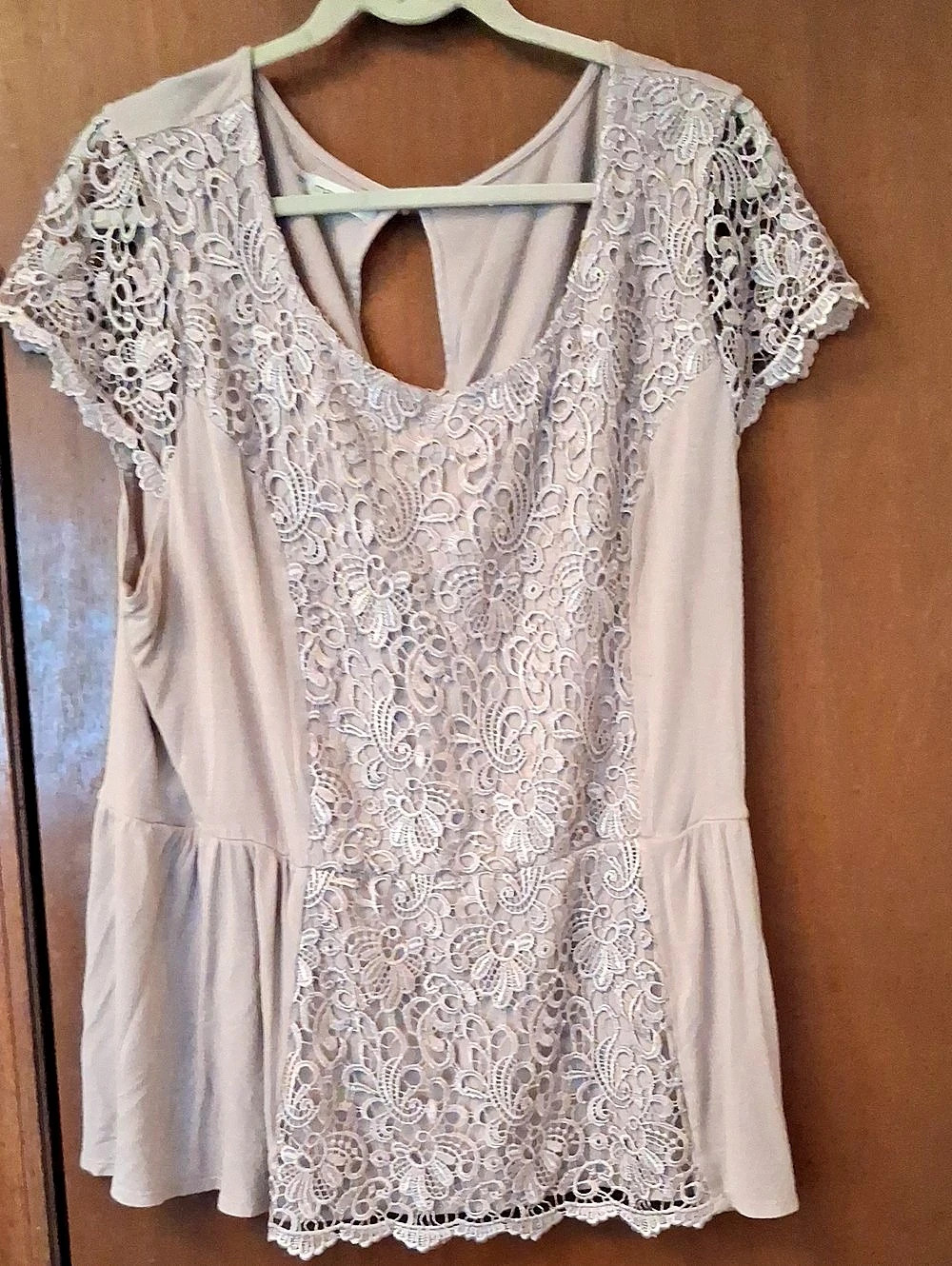 Maurices lilac blouse with lace sleeves and lace down front of blouse. size 2